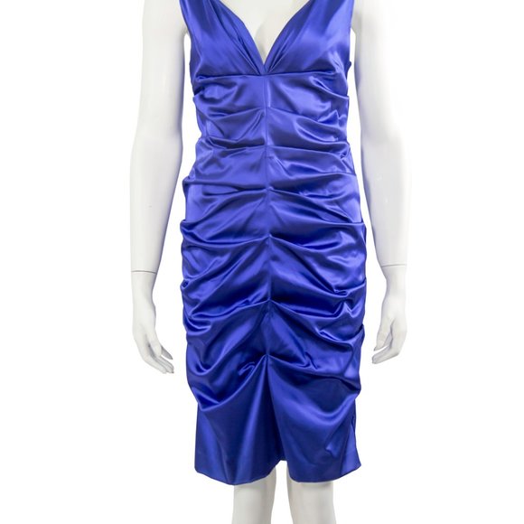 NICOLE MILLER Blue Cocktail Party Dress Pencil Rusched Satin Mew12 Medium - Picture 3 of 6